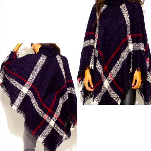 Sweaters - Navy Plaid Poncho Turtleneck Sweater Shawl So Cute